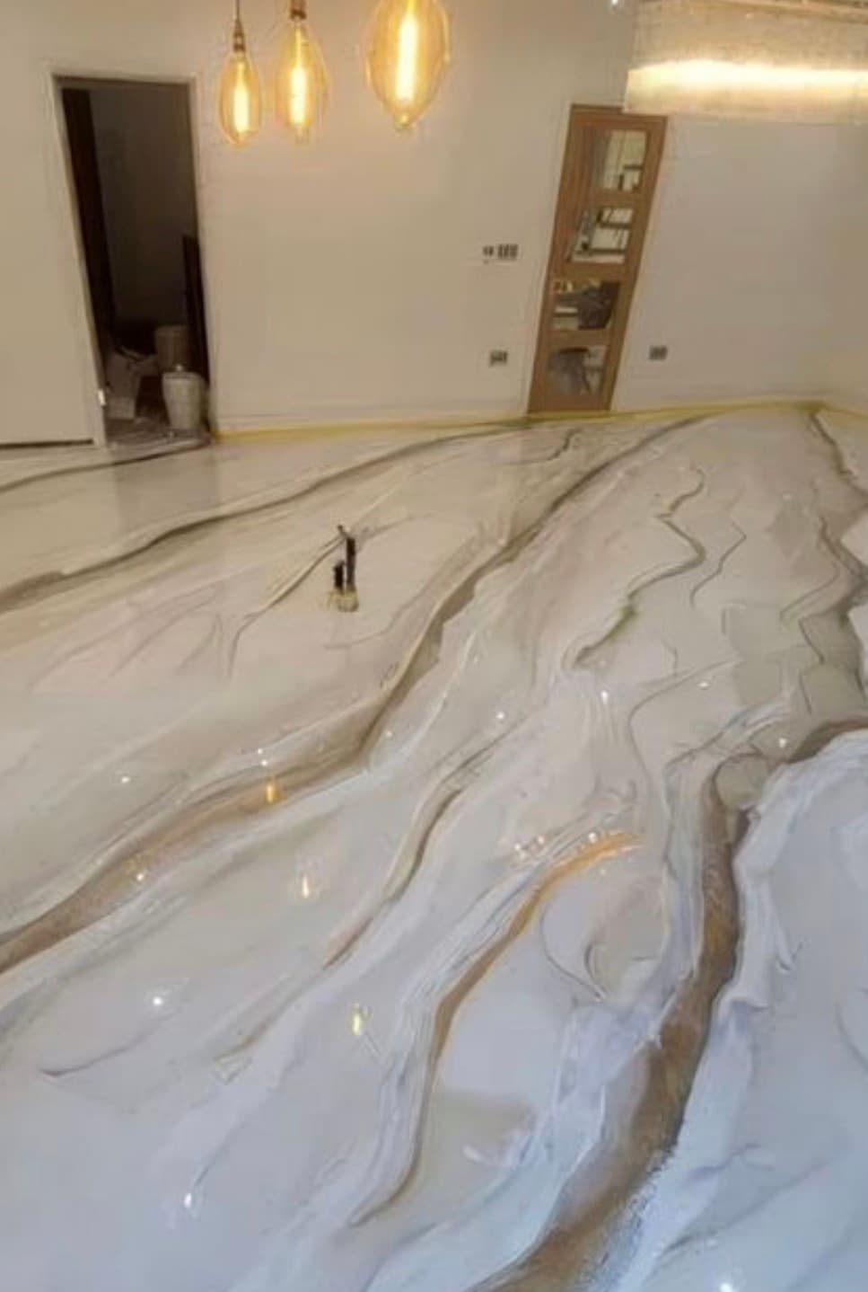 Luxury white marble epoxy floor with pendant lighting